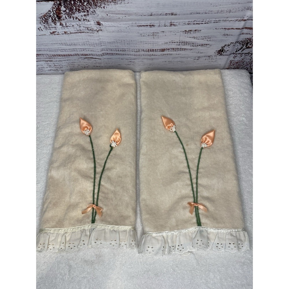 Fieldcrest Vintage Hand Towels‎ Embroidered Satin Peach Tulips Set Of 2